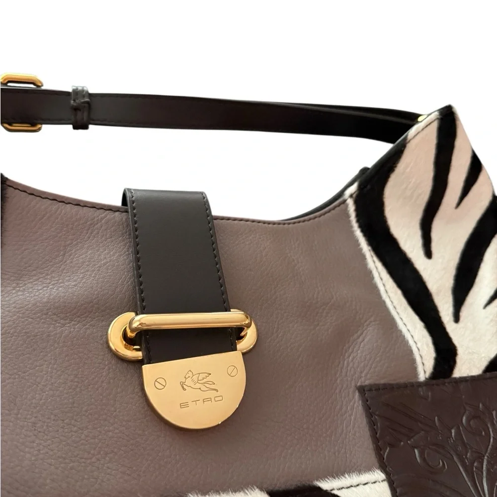 Etro Pony hair Zebra  Print Leather Patchwork Bag NWOT - Picture 4 of 13